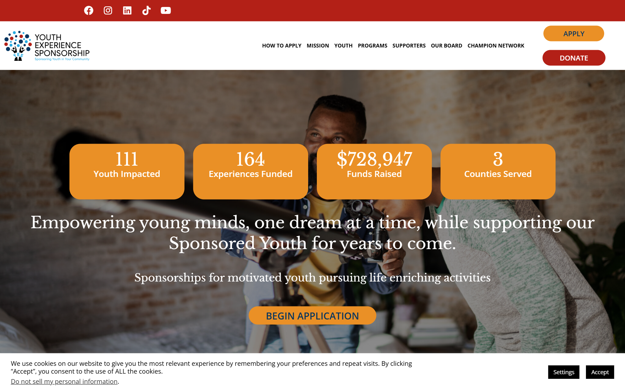 Youth Experience Sponsorship homepage screenshot